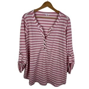Jane + Delancey Striped Popover Tunic Top Size 1X Pink Roll Tab Sleeve‎ Coastal